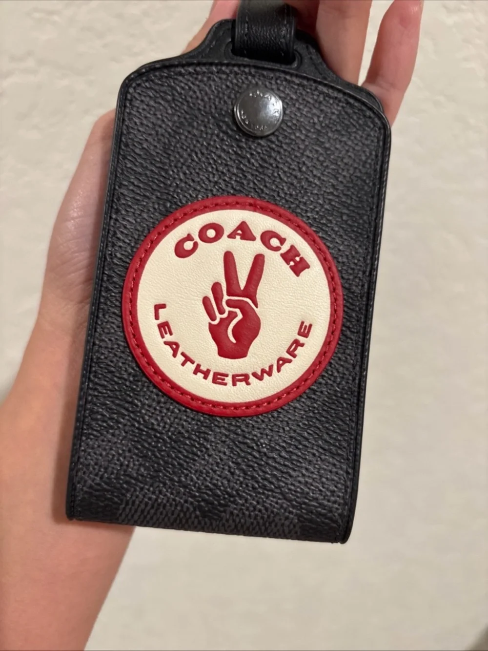NWT Coach Black Leatherware Luggage Tag with White Red Patch
